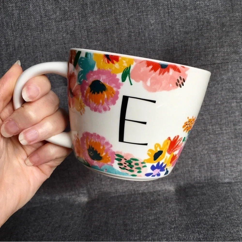 Floral E Initial Mug White Black Pink Blue Yellow 16 oz